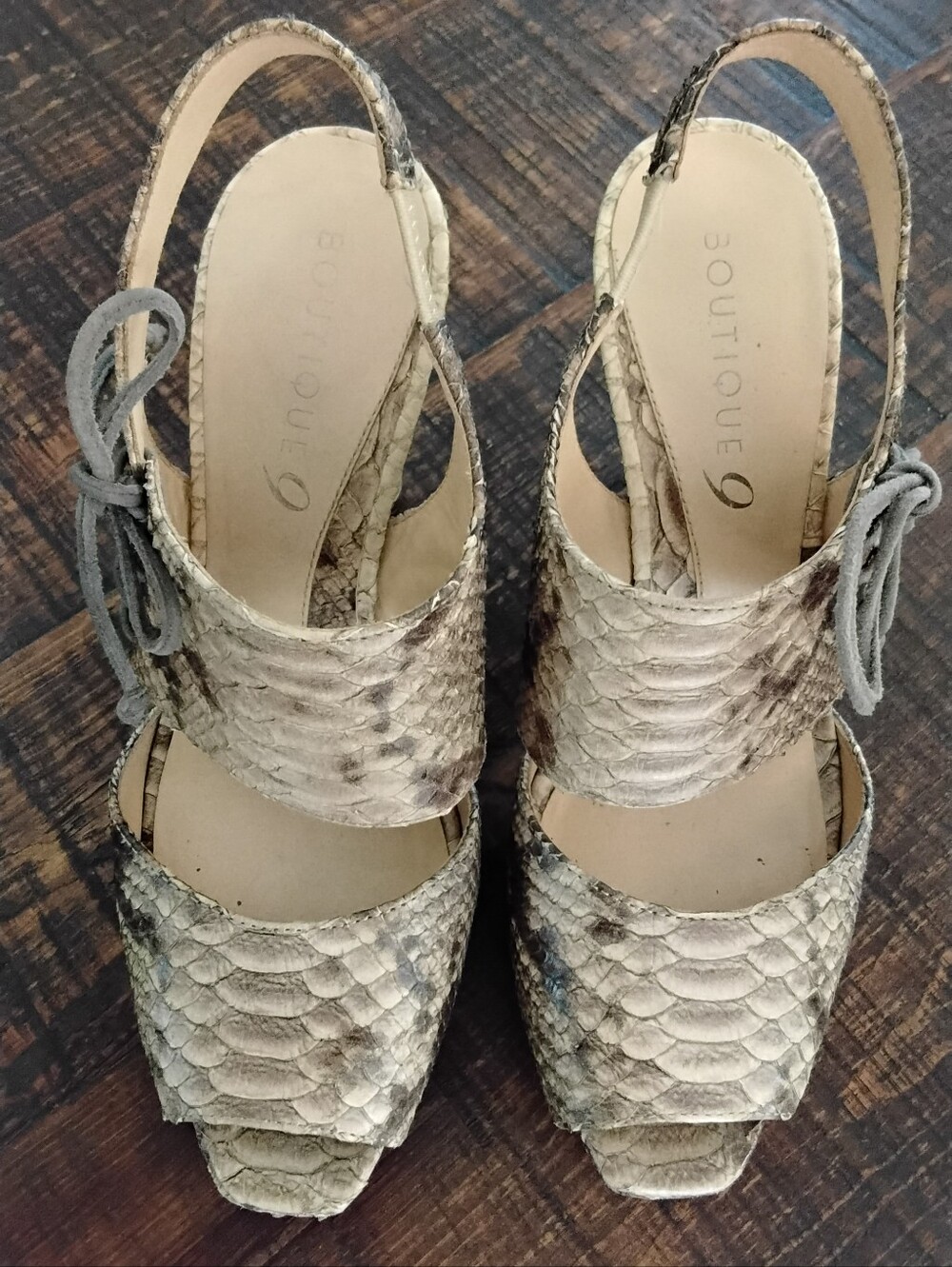 Boutique 9 Women's Snake-Print Slingback Heels in Beige and Gray